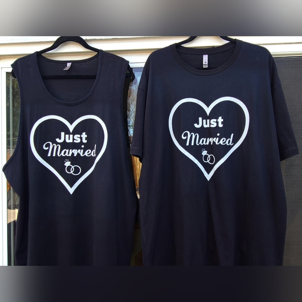 Matching “Just Married” Hubby & Wifey Black Shirts Set of 2 Plus Size XXL 18/20